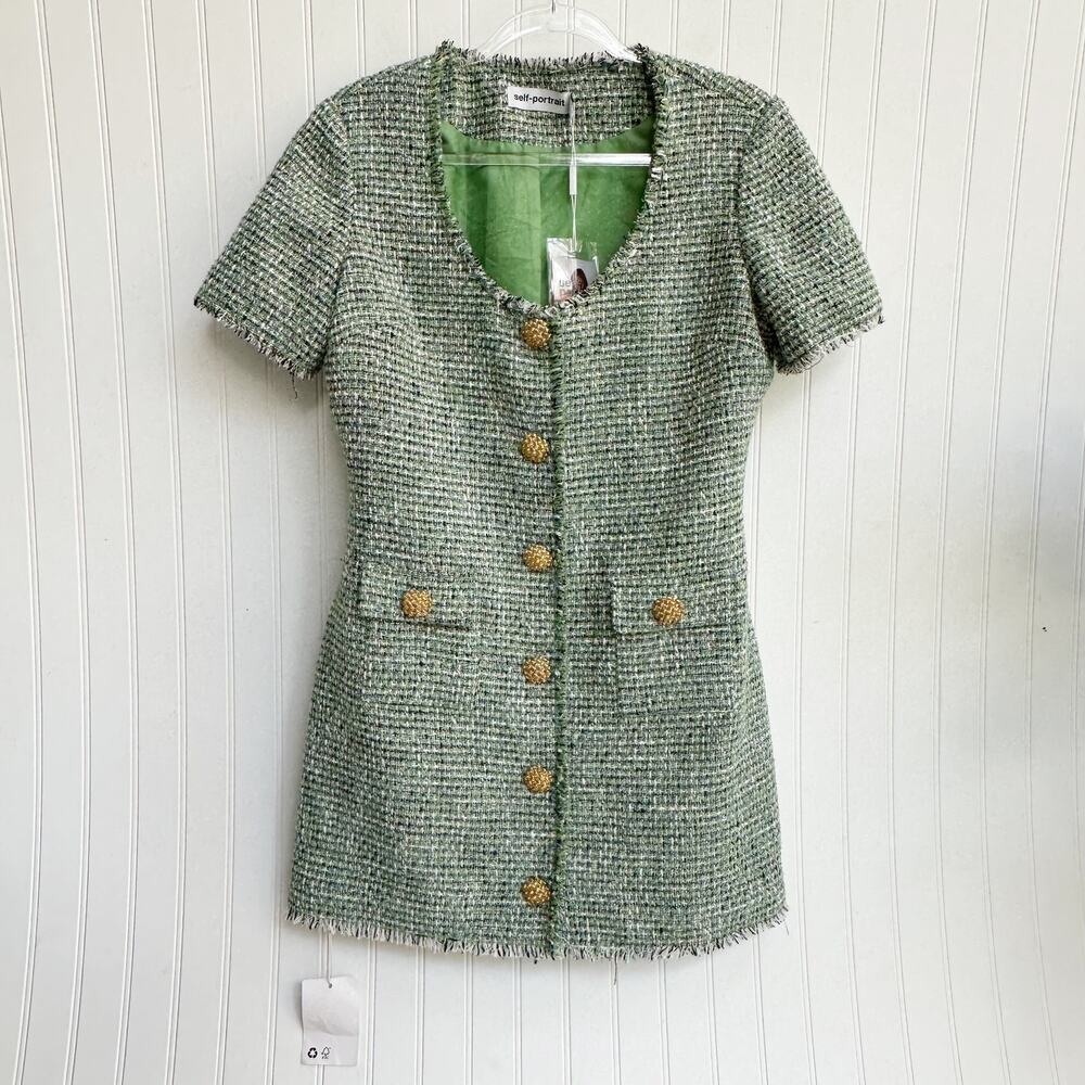 Self-Portrait Green Boucle Tweed Mini Dress Short Sleeve Button Front NWT 10